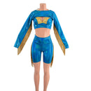 3PC Peacock High Waist Bike Shorts with Fringe, Starlette Bralette and Fringed Bolero - Coquetry Clothing
