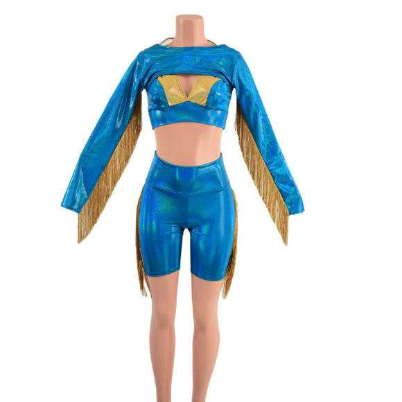 3PC Peacock High Waist Bike Shorts with Fringe, Starlette Bralette and Fringed Bolero - Coquetry Clothing