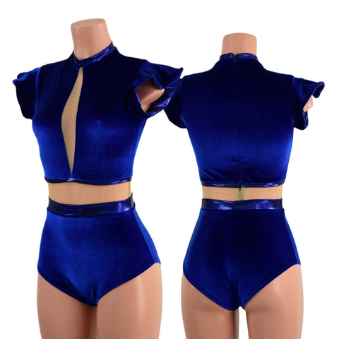 One Piece Sapphire Blue Velvet and Inset Mesh Keyhole Romper - Coquetry Clothing