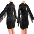 Star Noir Mini Dress with Fringed Sleeves, Keyhole, and Back Zipper - Coquetry Clothing