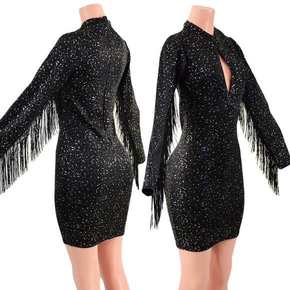 Star Noir Mini Dress with Fringed Sleeves, Keyhole, and Back Zipper - Coquetry Clothing