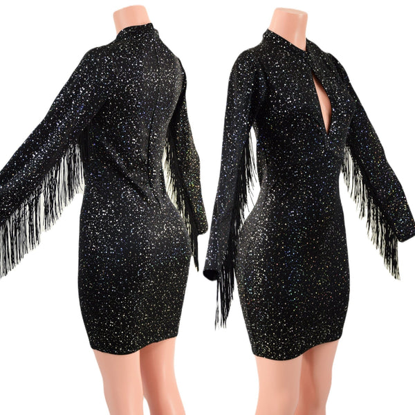 Star Noir Mini Dress with Fringed Sleeves, Keyhole, and Back Zipper - 1