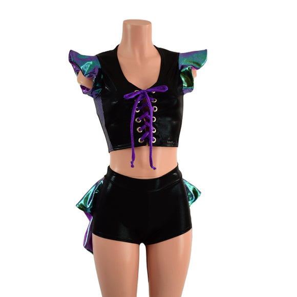 2PC Set Laceup Crop Top and Mid Rise Shorts with MINI Tux Back - Coquetry Clothing