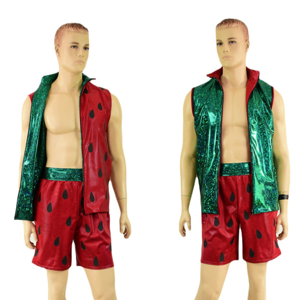 Mens Strawberry Zip Front Hooded Vest with Pockets (Shorts Optional) - 3