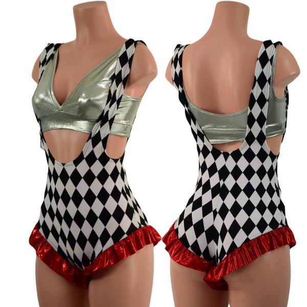 Diamond Print Suspender Romper with Red Leg Ruffles (Bralette Sold Separately) - 1