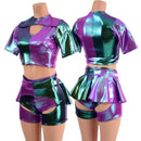 Harlequin Color Blocked Siren Shorts, Ruffle Rump Short Chaps, and Window Crop Set - Coquetry Clothing
