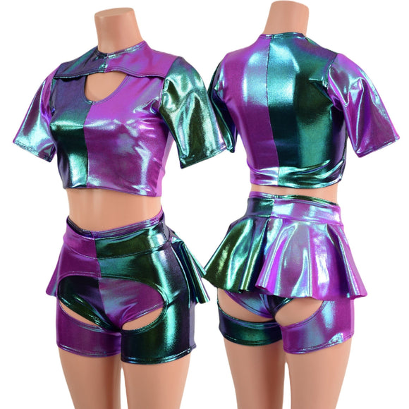 Harlequin Color Blocked Siren Shorts, Ruffle Rump Short Chaps, and Window Crop Set - Coquetry Clothing
