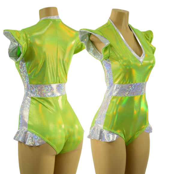 Neon Lime and White Kaleidoscope Flip Sleeve Paneled Romper - Coquetry Clothing