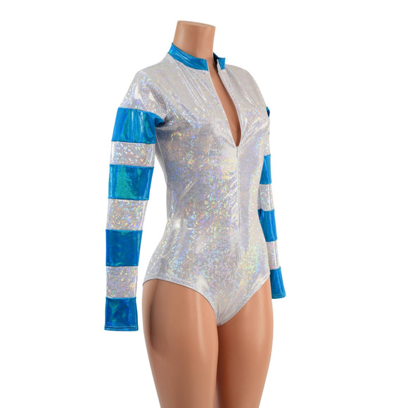 White Kaleidoscope and Peacock Holographic Color Blocked Stella Romper - Coquetry Clothing