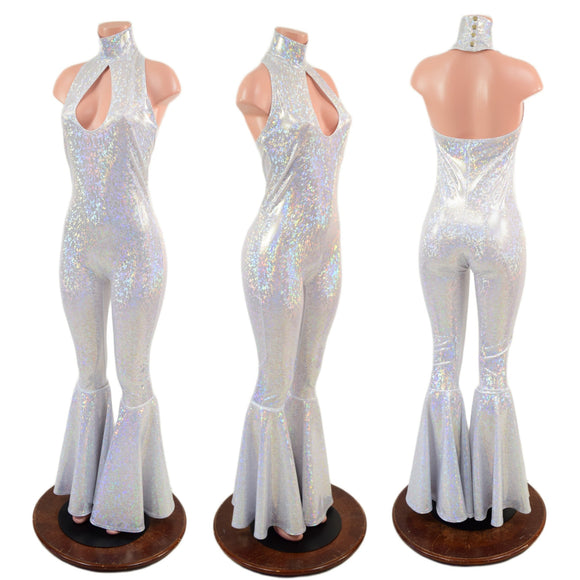 White Kaleidoscope Bell Bottom Catsuit with Teardrop Neckline - Coquetry Clothing