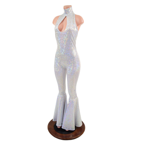 White Kaleidoscope Bell Bottom Catsuit with Teardrop Neckline - Coquetry Clothing