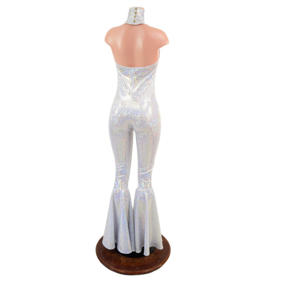 White Kaleidoscope Bell Bottom Catsuit with Teardrop Neckline - Coquetry Clothing