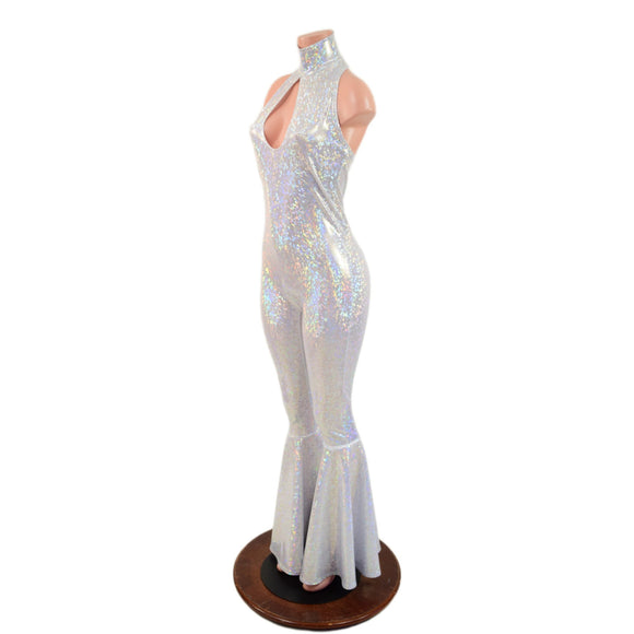 White Kaleidoscope Bell Bottom Catsuit with Teardrop Neckline - Coquetry Clothing