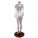 White Kaleidoscope Catsuit with White Mesh Waistband, Keyhole, and Sleeve Details - Coquetry Clothing