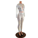 White Kaleidoscope Catsuit with White Mesh Waistband, Keyhole, and Sleeve Details - Coquetry Clothing