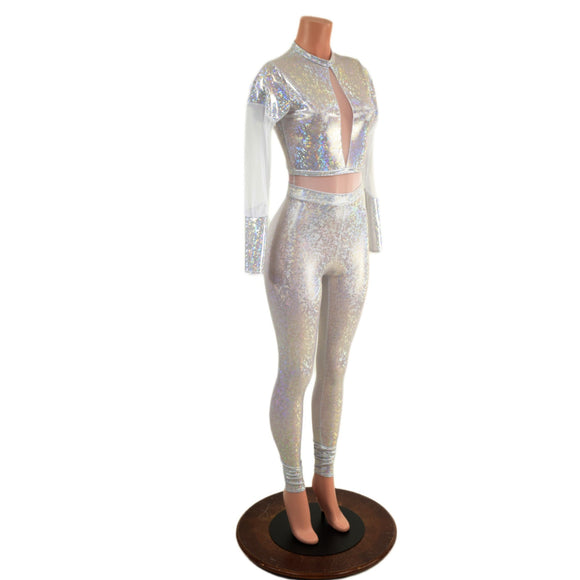 White Kaleidoscope Catsuit with White Mesh Waistband, Keyhole, and Sleeve Details - Coquetry Clothing
