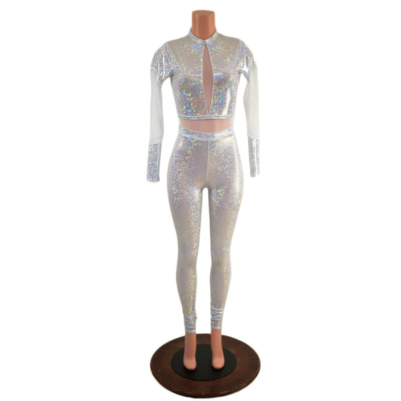 White Kaleidoscope Catsuit with White Mesh Waistband, Keyhole, and Sleeve Details - Coquetry Clothing