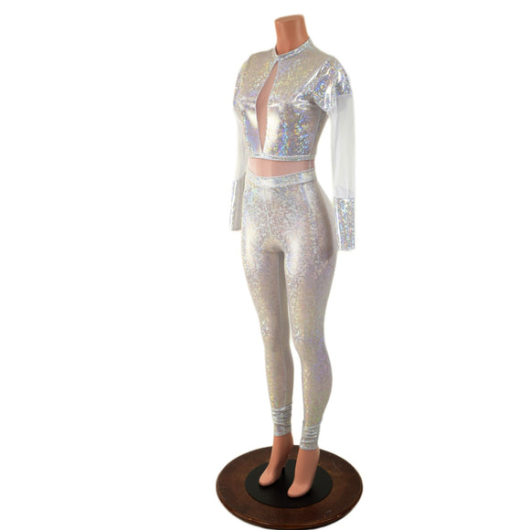 White Kaleidoscope Catsuit with White Mesh Waistband, Keyhole, and Sleeve Details - Coquetry Clothing