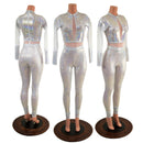 White Kaleidoscope Catsuit with White Mesh Waistband, Keyhole, and Sleeve Details - Coquetry Clothing
