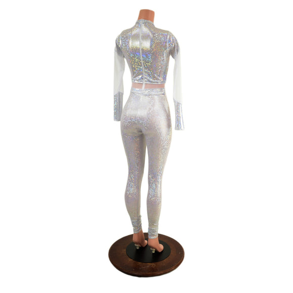 White Kaleidoscope Catsuit with White Mesh Waistband, Keyhole, and Sleeve Details - Coquetry Clothing