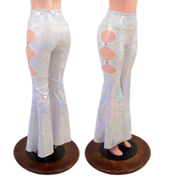 White Kaleidoscope High Waist Solar Flares with Triple Cutouts and O-rings - Coquetry Clothing
