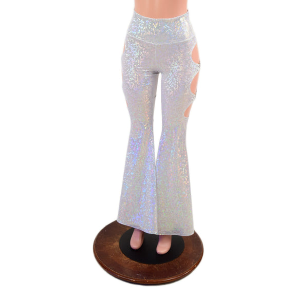 White Kaleidoscope High Waist Solar Flares with Triple Cutouts and O-rings - Coquetry Clothing