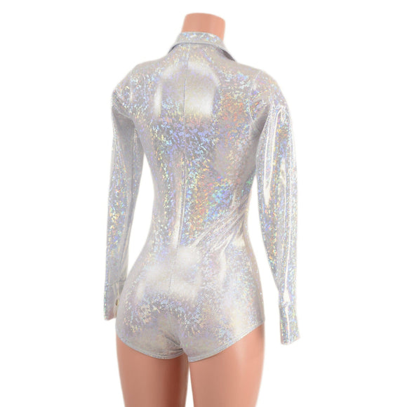 White Kaleidoscope Rodeo Romper with Snap Cuffs and Boy Cut Leg - Coquetry Clothing