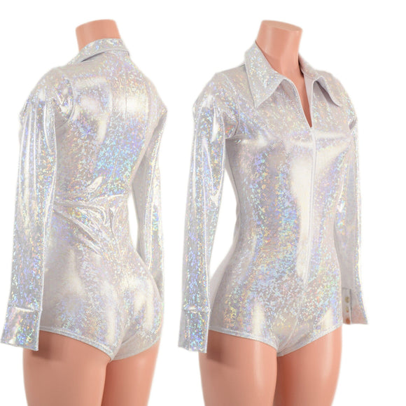 White Kaleidoscope Rodeo Romper with Snap Cuffs and Boy Cut Leg - Coquetry Clothing