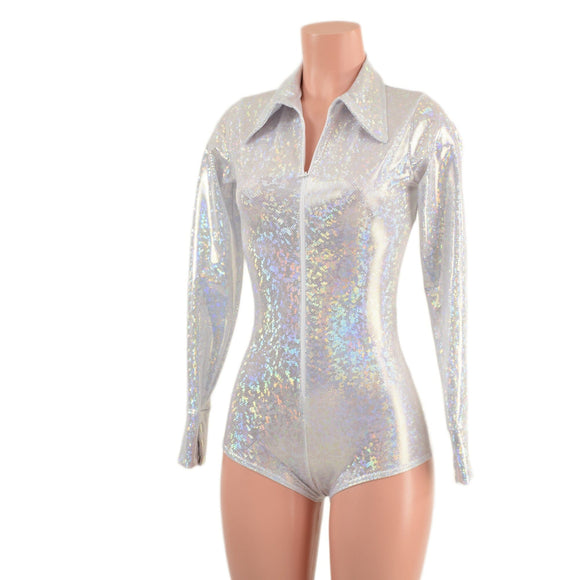 White Kaleidoscope Rodeo Romper with Snap Cuffs and Boy Cut Leg - Coquetry Clothing