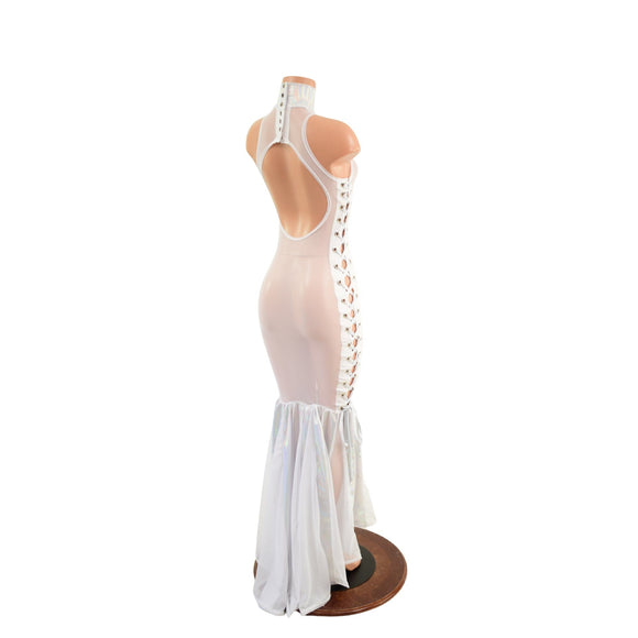 White Mesh Backless Puddle Train Gown with Snap Back Collar and Laceup Sides - Coquetry Clothing