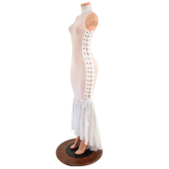 White Mesh Backless Puddle Train Gown with Snap Back Collar and Laceup Sides - Coquetry Clothing