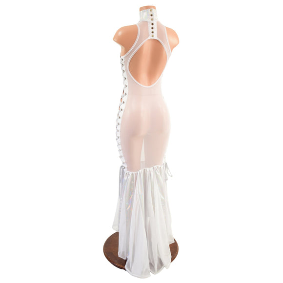 White Mesh Backless Puddle Train Gown with Snap Back Collar and Laceup Sides - Coquetry Clothing
