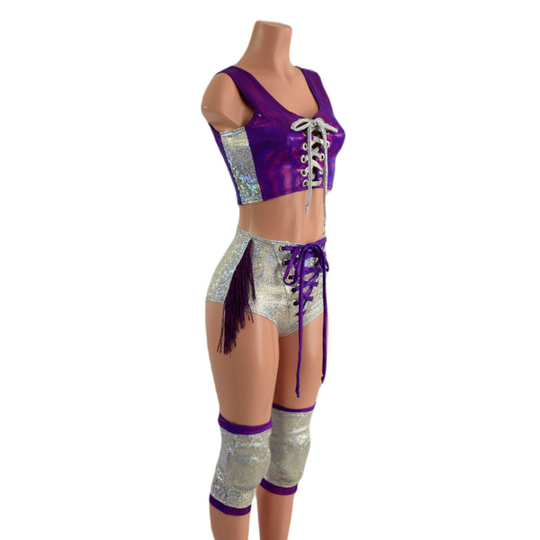 4PC Laceup Top, Fringed Laceup shorts, and Knee Pad Covers Set - 2