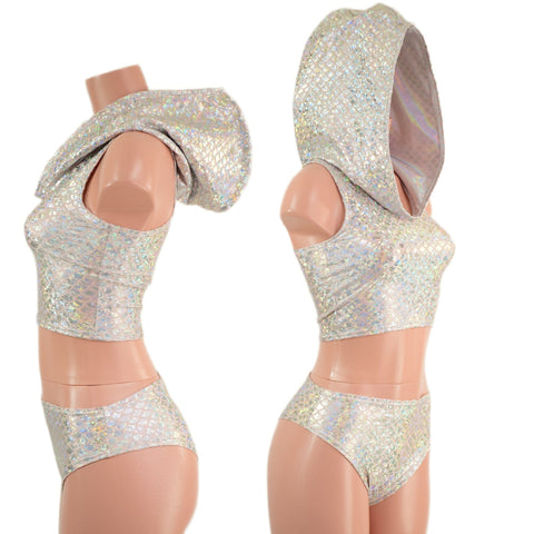 Silver/Pink Scale Racerback Crop Hoodie and Midrise Brazilian Siren Shorts Set - Coquetry Clothing