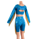 3PC Peacock High Waist Bike Shorts with Fringe, Starlette Bralette and Fringed Bolero - Coquetry Clothing