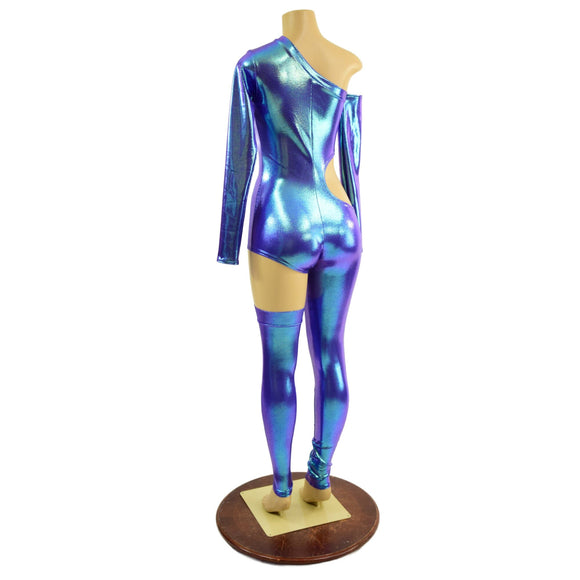 XS Ready to Ship 3PC Asymmetrical Catsuit with Cutout and Separate Arm and Leg Warmer - Coquetry Clothing