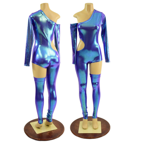 XS Ready to Ship 3PC Asymmetrical Catsuit with Cutout and Separate Arm and Leg Warmer - Coquetry Clothing