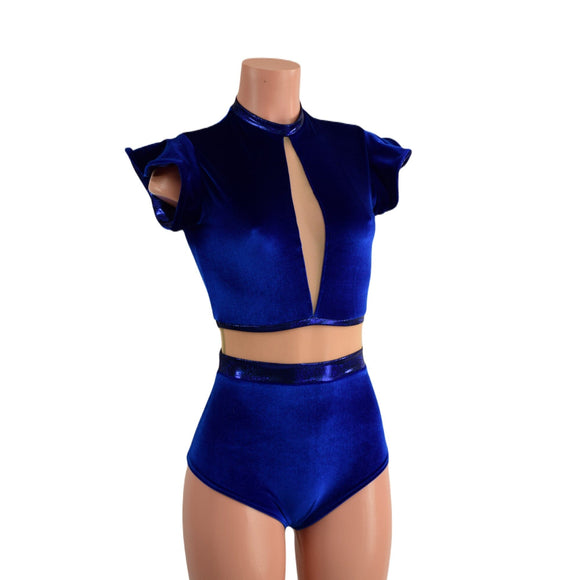 One Piece Sapphire Blue Velvet and Inset Mesh Keyhole Romper - Coquetry Clothing