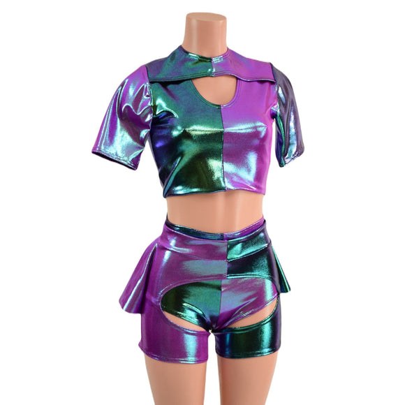 Harlequin Color Blocked Siren Shorts, Ruffle Rump Short Chaps, and Window Crop Set - Coquetry Clothing
