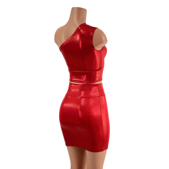 Red Sparkly One Shoulder Crop Top & Bodycon Skirt Set - Coquetry Clothing