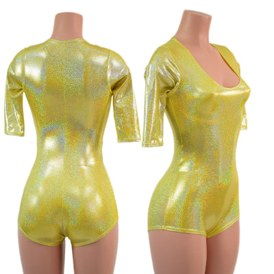 Yellow Sparkly Jewel Half Sleeve Romper with Scoop Neck and Boy Cut Leg - Coquetry Clothing
