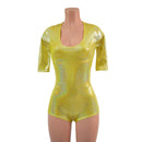 Yellow Sparkly Jewel Half Sleeve Romper with Scoop Neck and Boy Cut Leg - Coquetry Clothing