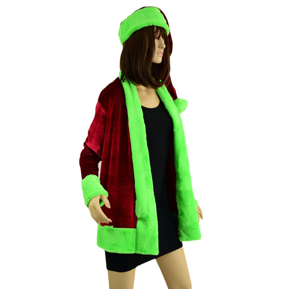 "Mean One" Not a Cardigan and Matching Santa Hat with Neon Green Trim - Coquetry Clothing