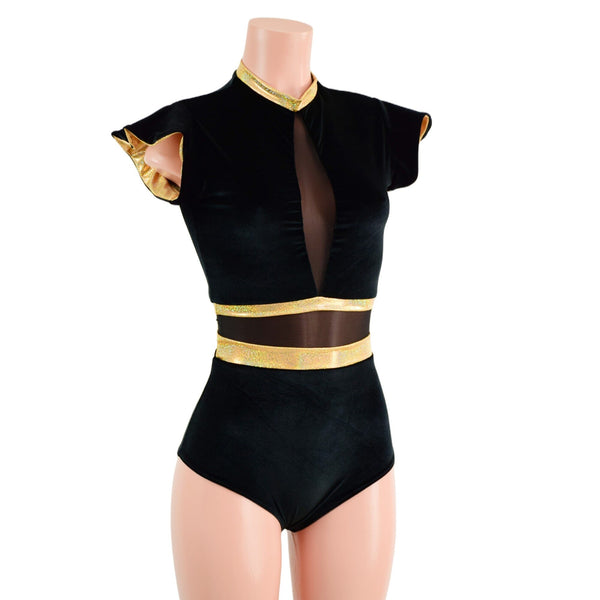 Black Velvet and Mesh Romper with Inset Mesh Keyhole Neckline - 2