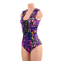 Rainbow Leopard Sleeveless Hoodie Romper with Plunging Laceup Neckline - 3