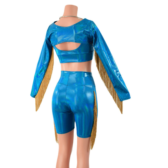 3PC Peacock High Waist Bike Shorts with Fringe, Starlette Bralette and Fringed Bolero - Coquetry Clothing