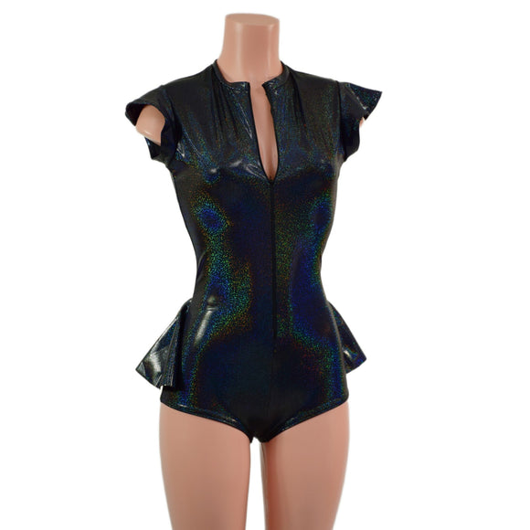 Zipper Front Ruffle Rump Romper in Black Holographic - Coquetry Clothing