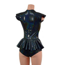 Zipper Front Ruffle Rump Romper in Black Holographic - Coquetry Clothing