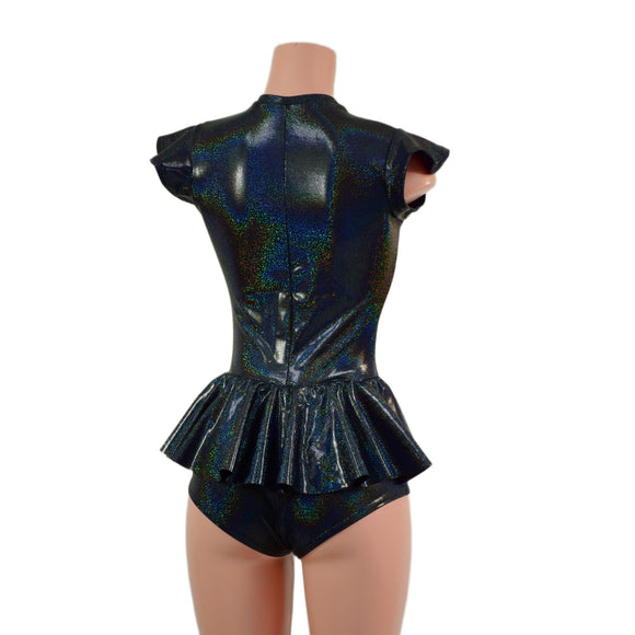 Zipper Front Ruffle Rump Romper in Black Holographic - Coquetry Clothing