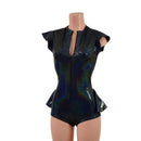 Zipper Front Ruffle Rump Romper in Black Holographic - Coquetry Clothing